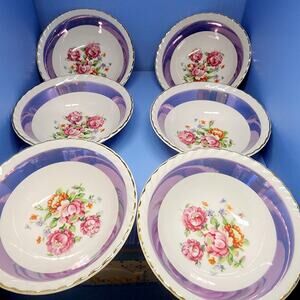 6 Westwood Luster Floral Bowls Gold Trim Purple Set 5 1/2" See Desc